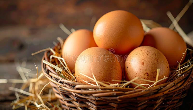 Huevos frescos caseros en cesta de mimbre